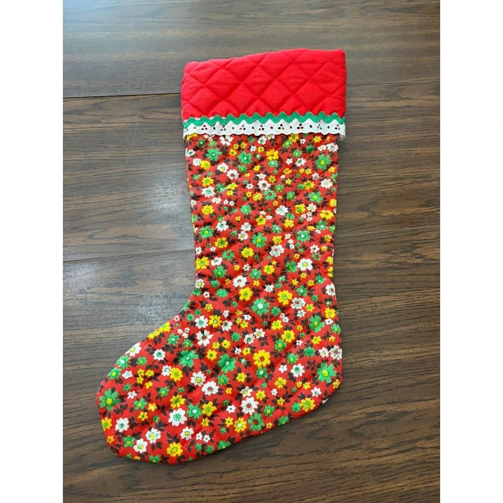 Vintage Handmade Christmas Stocking Floral Calico Quilted Elf Doll